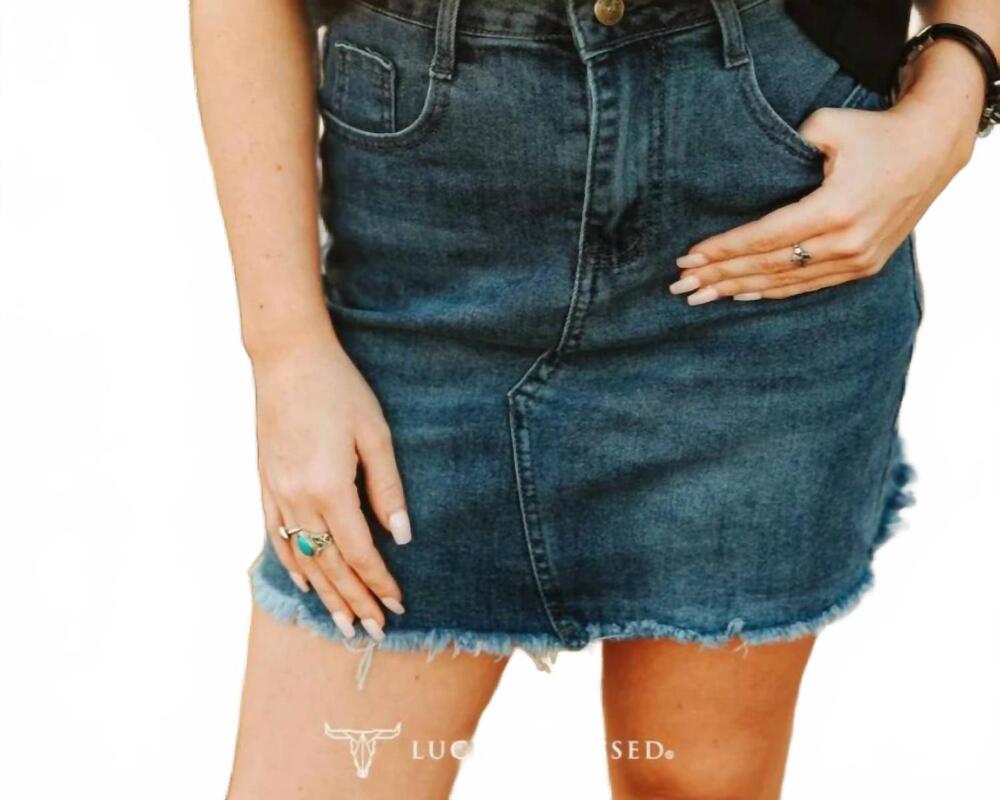 NEW LUCKY & BLESSED classic unfinished hem denim skirt in mid wash
